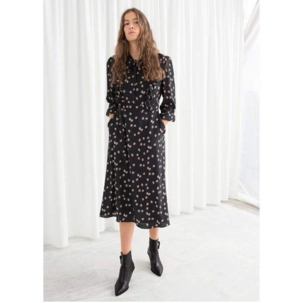 & Other Stories Floral Ruffle Bib Midi Dress